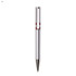 A plastic pen in silver with red accents and a shiny silver clip, featuring a logo on the barrel.