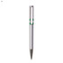 A silver plastic pen with a green accent and a cut-out design at the top. It features a chrome tip and has a logo.
