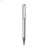 A silver plastic pen with an orange accent and a sleek design. It features a branding logo on the upper section.