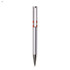 A silver plastic pen with a red accent and a unique cut-out design. It includes a logo on the barrel.