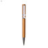 A sleek plastic pen in a metallic gold finish with a silver accent and a logo on the barrel.