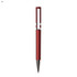 A red plastic pen with a metallic finish and a silver clip, featuring a logo.