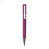A purple plastic pen with a shiny silver trim and a logo on the body.