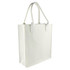 A white tote bag with sturdy handles and a square silhouette, featuring a logo on one side.