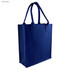 A navy blue tote bag with sturdy handles and a flat base, featuring a logo on the front.