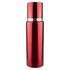 A drink bottle in shiny red with a silver band, designed as a stylish flask. It features a logo on the body.