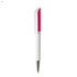 A plastic pen featuring a white barrel and a pink cap, complete with a silver tip and branding.