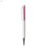 A plastic pen with a white body and a pink top, featuring a silver clip and tip, alongside a logo.