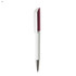 A plastic pen with a white barrel and a maroon top, featuring a silver clip and tip. It has a logo.