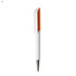 A plastic pen featuring a white body and an orange cap, with a metallic tip. Includes a logo branding.