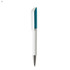 A plastic pen with a white barrel and a teal accent on the cap, featuring a silver tip and a branding logo.