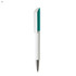 A plastic pen in white and teal, featuring a smooth barrel and a clip, with branding present.