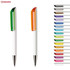 A collection of plastic pens in various colours, featuring two prominent pens with green and orange accents, along with a range of others.