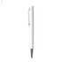 A white plastic pen with a silver tip and clip, featuring a logo on its side.