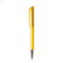 A yellow plastic pen with a sleek design and a chrome clip at the top. The pen has a logo on its body.