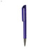A plastic pen in a vibrant purple colour with a clear cap and silver detailing. It features a branding logo.