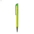 A bright green plastic pen with a transparent cap and a silver tip. Features a branding logo.