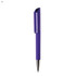 A purple plastic pen with a smooth finish and a clip on top. It features a shiny silver tip and has a logo.