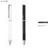 A metal pen set featuring a white pen and a black pen with chrome accents, alongside a close-up of the black pen's grip.