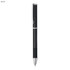 A black metal pen with a sleek design and a silver clip, featuring a textured grip. Branding is present on the pen.