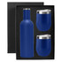 A drink bottle in blue with two matching blue cups, presented in a sleek black gift box.
