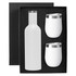 A drink bottle and two matching white drink tumblers in a black gift box, featuring metallic accents.