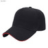 A black and red heavy cotton sandwich cap featuring a curved peak and a logo.