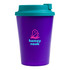 A reusable coffee cup with a vibrant purple body and a teal comfort lid, featuring the logo "homey nook."