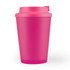 A reusable coffee cup with a bright pink design and a matching comfort lid.