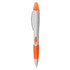 A highlighter pen with a grey body and orange accents, featuring a logo on its side.