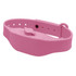 A pink wristband hand sanitiser dispenser with a button mechanism and adjustable strap. It features a logo.