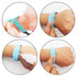 A blue wristband hand sanitiser dispenser, featuring a nozzle for dispensing sanitiser and adjustable strap for wear.