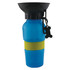 A drink bottle in blue with a black top and a yellow silicone band. Includes a bone-shaped carabiner.
