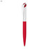 A red pen with a silver clip and tip, featuring a sleek design and a branded logo.