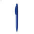 A blue plastic pen with a curved clip and a smooth barrel, featuring a logo.