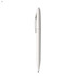 A white plastic pen with a sleek design and a clip, featuring a logo on the body.