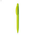 A bright green plastic pen with a clip and a smooth barrel. It features branding on the surface.