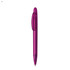 A plastic pen in vibrant purple with a clip and a rounded top, featuring a logo on the body.