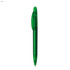 A green plastic pen featuring a clear clip and a smooth design, with a logo on the body.