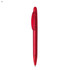 A red plastic pen with a click mechanism and a transparent barrel, featuring a branding logo.