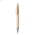 A plastic pen in a matte cream colour with a silver tip and a clip. It features a branding logo.