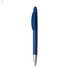 A blue plastic pen with a silver tip and a clip on the side, featuring a logo.