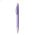 A plastic pen in a soft purple colour with a silver tip and a clip design. It features a logo on its body.