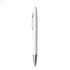 A white plastic pen with a silver tip and a clip, featuring a logo.