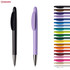 A collection of plastic pens in various colours, featuring a black and a lilac pen alongside many other colourful options.