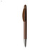 A brown plastic pen with a shiny silver tip and a clip. The pen features branding on its surface.