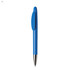 A blue plastic pen with a rounded body and a clip at the top, featuring a silver tip. It has a logo present.