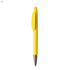 A yellow plastic pen with a clip and a silver tip, featuring a simple design and a branding logo.