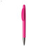 A plastic pen in bright pink with a chrome tip, featuring a clip and a smooth, streamlined design.
