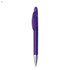 A purple plastic pen with a silver tip and a clip, featuring a branding logo.